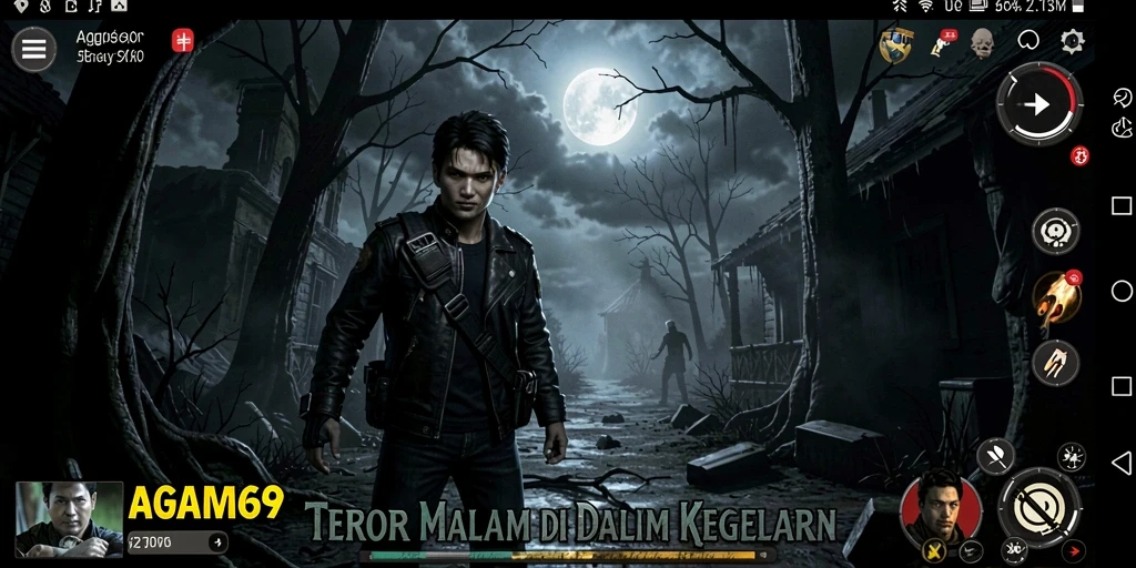 Screenshot gameplay AGAM69 menampilkan momen menegangkan dalam suasana menyeramkan.