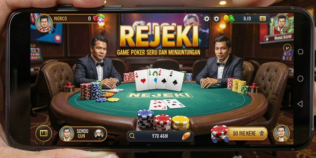 Screenshot gameplay REJEKI menunjukkan suasana meja poker yang hidup.