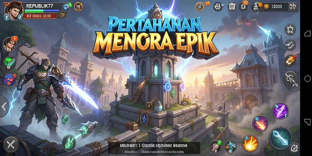 Gameplay menegangkan di REPUBLIK77 yang menunjukkan menara mempertahankan markas.